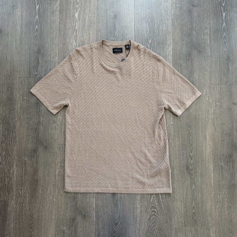 Perry Ellis Mens Large Knit Textured Short-sleeve Sweater‎ Brown NWT Minimalist